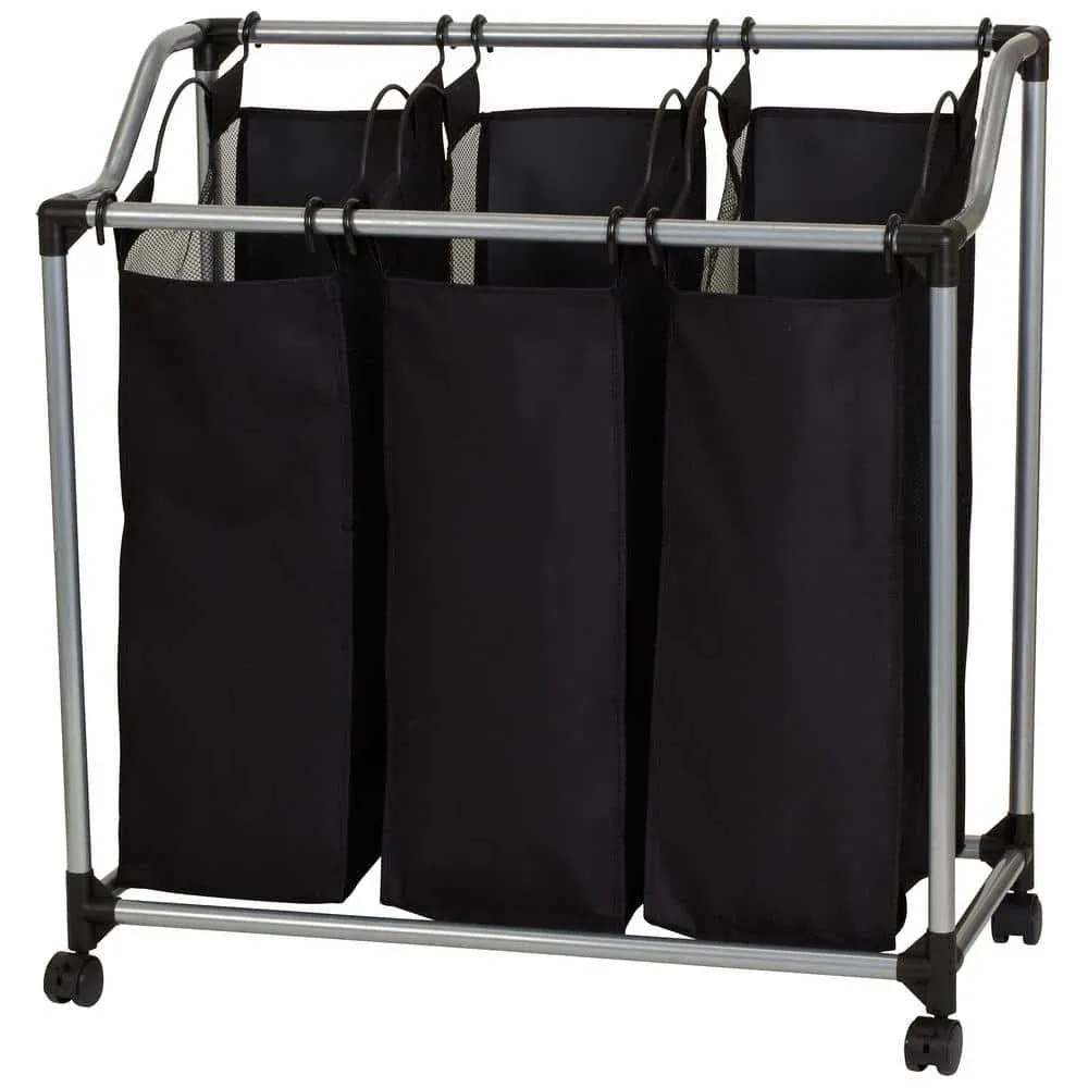 Household Essentials 9117 Triple Laundry Sorter On Wheels - Black and Grey