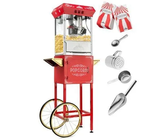 Vintage Style Popcorn Machine Popper w/ Cart in Red, 10-Ounce Kettle