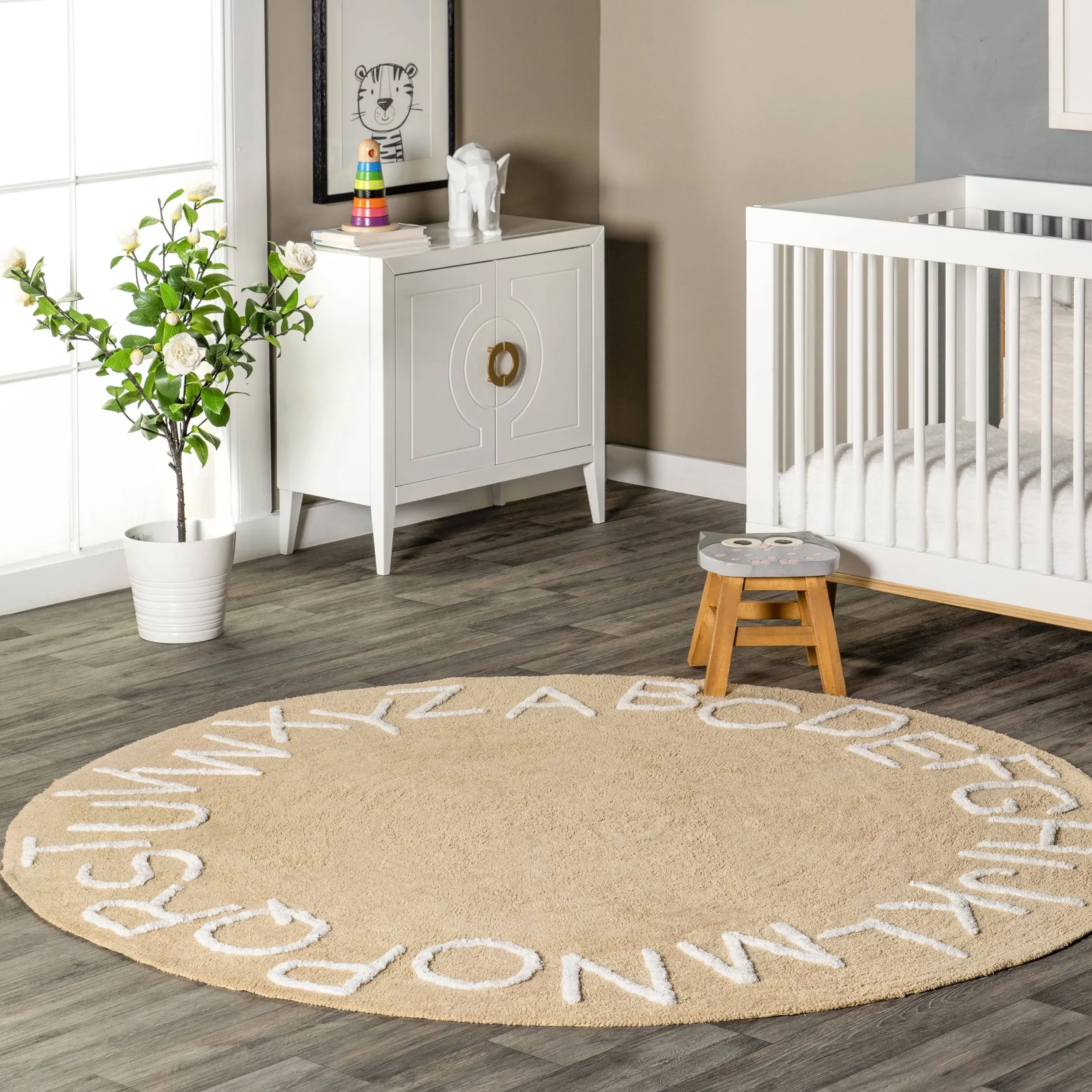 nuLOOM Kids Washable Round Alphabet Rug, 6' Round, Beige