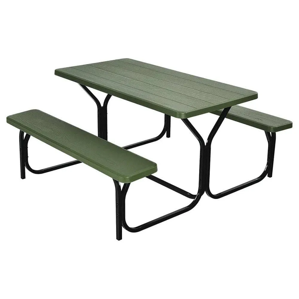 Green All-Weather Metal Outdoor Picnic Table Bench Set with Metal Base