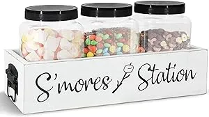 S&#039;mores Station Box With 3 Jars Wood Smores Kits Holder S&#039;mores Bar Biscuit Choc