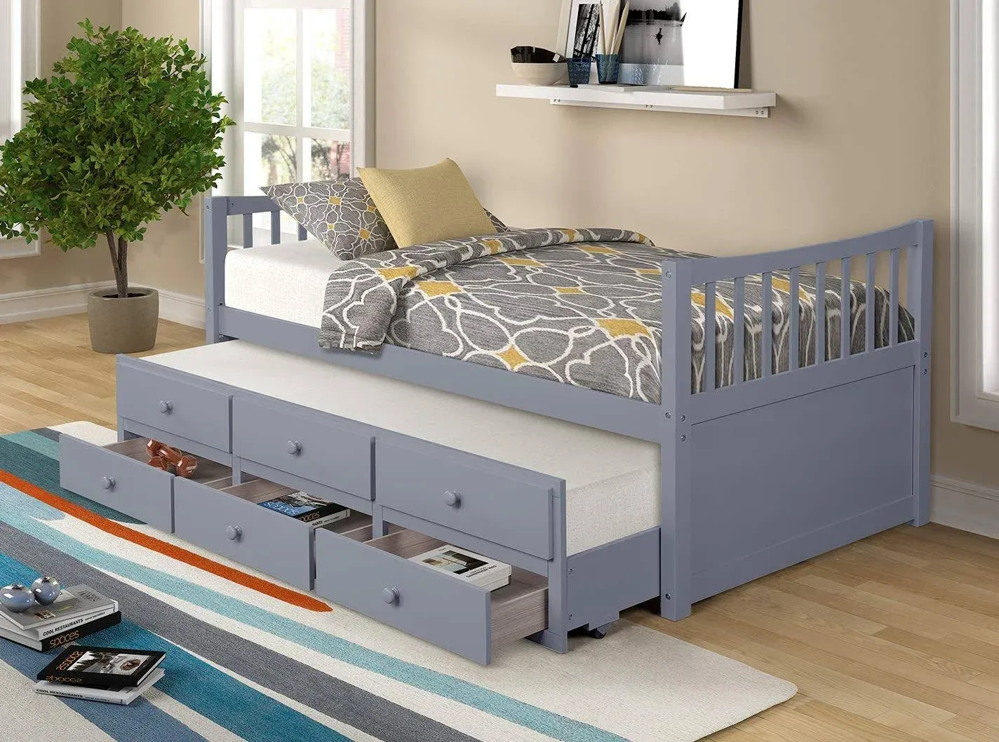 Rhomtree Twin Captain’s Bed Storage daybed with Trundle and Drawers for Kids Guests (Grey)