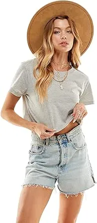 Women's Boxy Crop Top Round Neck Short Sleeve Casual 100% Cotton Cropped Tee T-Shirt