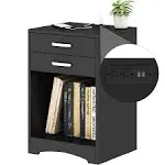 HOSEOKA Black Nightstand with Charging Station 2 Drawer Bedroom Nightstand Wood Sofa Side Table End Table with USB Ports and Storage, Small Kids