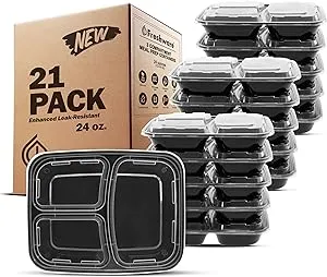 Freshware Meal Prep Containers 21 Count (Pack of 1), 3 Compartment with Lids, Food Storage Containers, Bento Box, Stackable, Microwave/Dishwasher