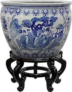 Red Lantern 12" Ladies Blue & White Porcelain Fishbowl Planter or Cachepot for Indoor/Outdoor Use in Garden Entryway Living Room Boho Eclectic Modern Contemporary Classic Traditional Style Decor