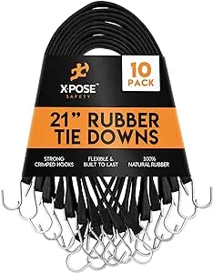 Rubber Bungee Cords with Hooks 10 Pack 21 Inch (32” Max Stretch) Heavy-Duty Black Tie Down Straps for Outdoor, Tarp Covers, Canvas Canopies, Motorcycle, and Cargo - by Xpose Safety