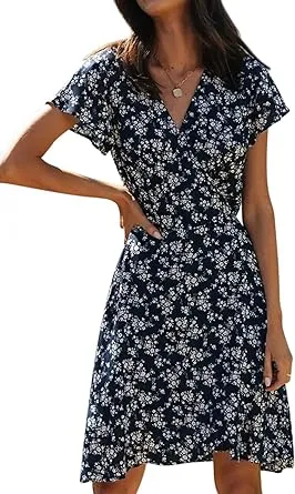 R.Vivimos Women Summer Cotton Short Sleeves V Neck Casual Wrap Mini Dresses