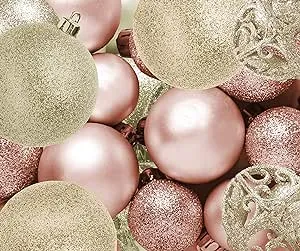 100 Rose Gold and White Gold Christmas Ornament Balls Shatterproof + 100 Metal Ornament Hooks, Hanging Ornaments for Indoor/Outdoor Xmas Christmas Tree, Holiday Party Home Décor Sizes 1.2" 1.6" & 2.4"