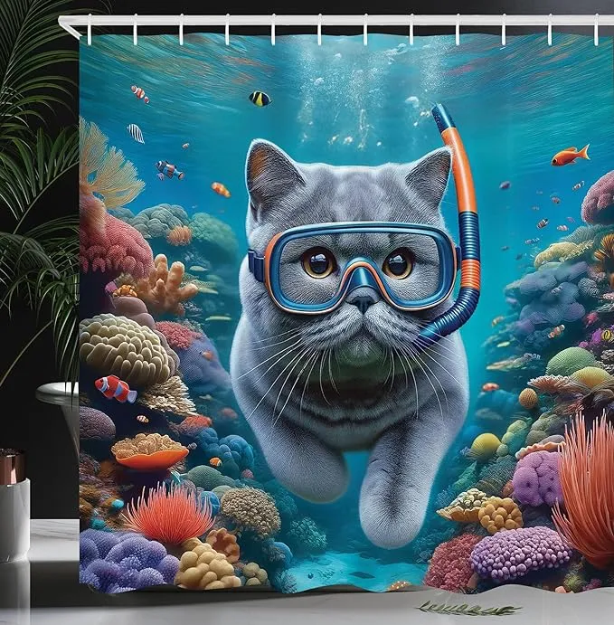 Ambesonne Nautical Shower Curtain, Funny Surreal Image of a Grey Cat Diving in The Deep Ocean Colorful Reef, Cloth Fabric Bathroom Decor Set with Hooks, 69" W x 70" L, Turquoise Multicolor