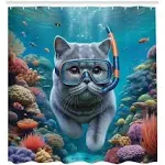 Ambesonne Nautical Shower Curtain, Diver Cat in The Ocean, 69 inchWx70 inchL, Turquoise Multicolor, Size: 69 W x 70 Large