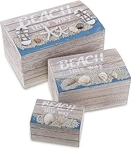 CoTa Global Aqua Sky Wooden Beach Jewelry Box, 3 Pcs Set - Handcrafted Nautical Box with Seashells Decorations, Tabletop Home Decor, Sea Shell Jewelry Storage Organizer Set