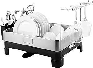 happimess Simple 20.5" Fingerprint-Proof Stainless Steel Dish Drying Rack with Swivel Spout Tray and Wine Glass Holder