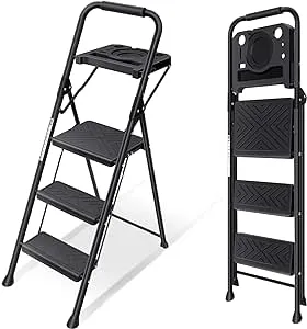 KINGRACK 3 Step Ladder, Step Ladder 3 Step Folding with Anti-Slip Wide Pedal and Handrails, Lightwight Household Ladder for Your Kitchen, Pantry, Closets, Office Use, Pass 900LBS Testing