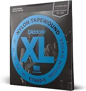 D'Addario Bass Guitar Strings, Tapewound Black Nylon, ETB92-5, Long Scale, Medium Gauge 50-135, 5-String Set, Pack of 1