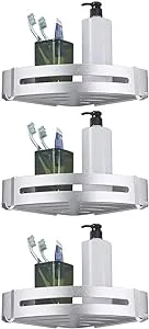 BESy Shower Corner Caddy Bathroom Shower Corner Shelf with Two Hooks, Self Adhesive with Glue or Wall Mount with Screws,Heavy Duty Aluminum 3 Tier Storage Shelves Triangle Baskets,Dull Polished Silver