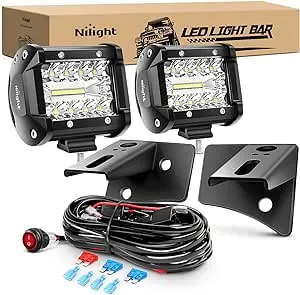 Nilight 2PC 4Inch Triple Row Lights 60W Flood Spot Combo 6000LM Bar Driving Boat Led Off Road Trucks with JK A-Pillar Windshield Hinge Mounting Brackets Wiring Harness Kit, 2 Years Warranty