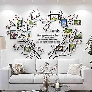 DecorSmart Love Family Tree Wall Decor Picture Frame Collage Removable 3D DIY Acrylic Wall Stickers for Living Room with Red Heart and Quote Family