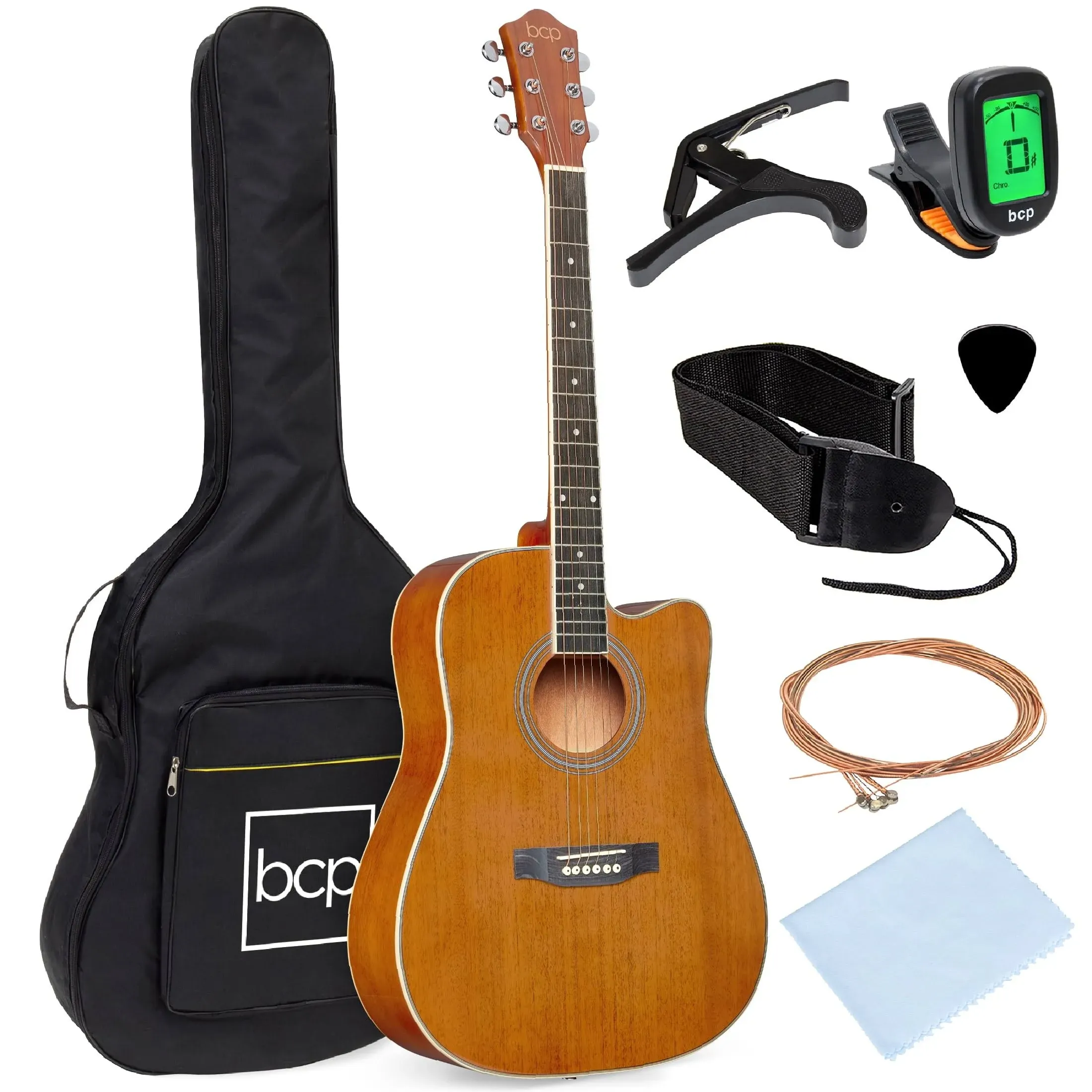 Best Choice Products 41in Full Size Beginner Acoustic Guitar Set with Case, Strap, Capo, Strings - Natural Mahogany