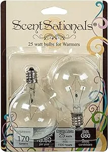 ScentSationals 25 Watt Wax Warmer Light Bulb - 25 Watt Light Bulbs for Wax Warmers, Wax Warmer Light Bulb Replacement - Style G50 Bulbs for Full Size Wax Warmers - Pack of 2 Wax Warmer Bulbs, Clear