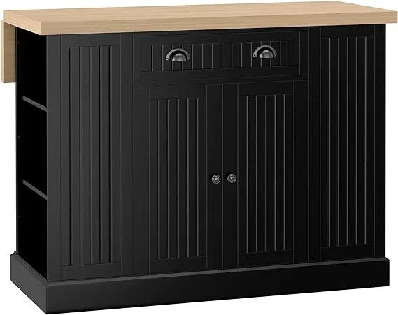 HOMCOM 47" Fluted-Style Wooden Kitchen Island, Kitchen Countertop Storage Cabinet with Drop Leaf, Drawer, Open Shelves, Storage, Black