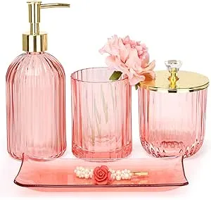 Bathroom Accessories Set, 4 Pcs Glass Bathroom Accessories Sets Complete w/Lotion Soap Dispenser, Toothbrush Holder, Apothecary Jar, Vanity Tray, Mod