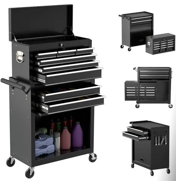 8-Drawer Rolling Tool Chest & Removable Tool Box Organizer with Lock - Black