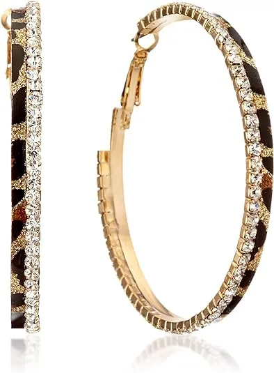 Gemini Women Fashion Leopard Print Crystal Big Round Hoop Earrings Gm148, Size: 5cm, Color: Gold