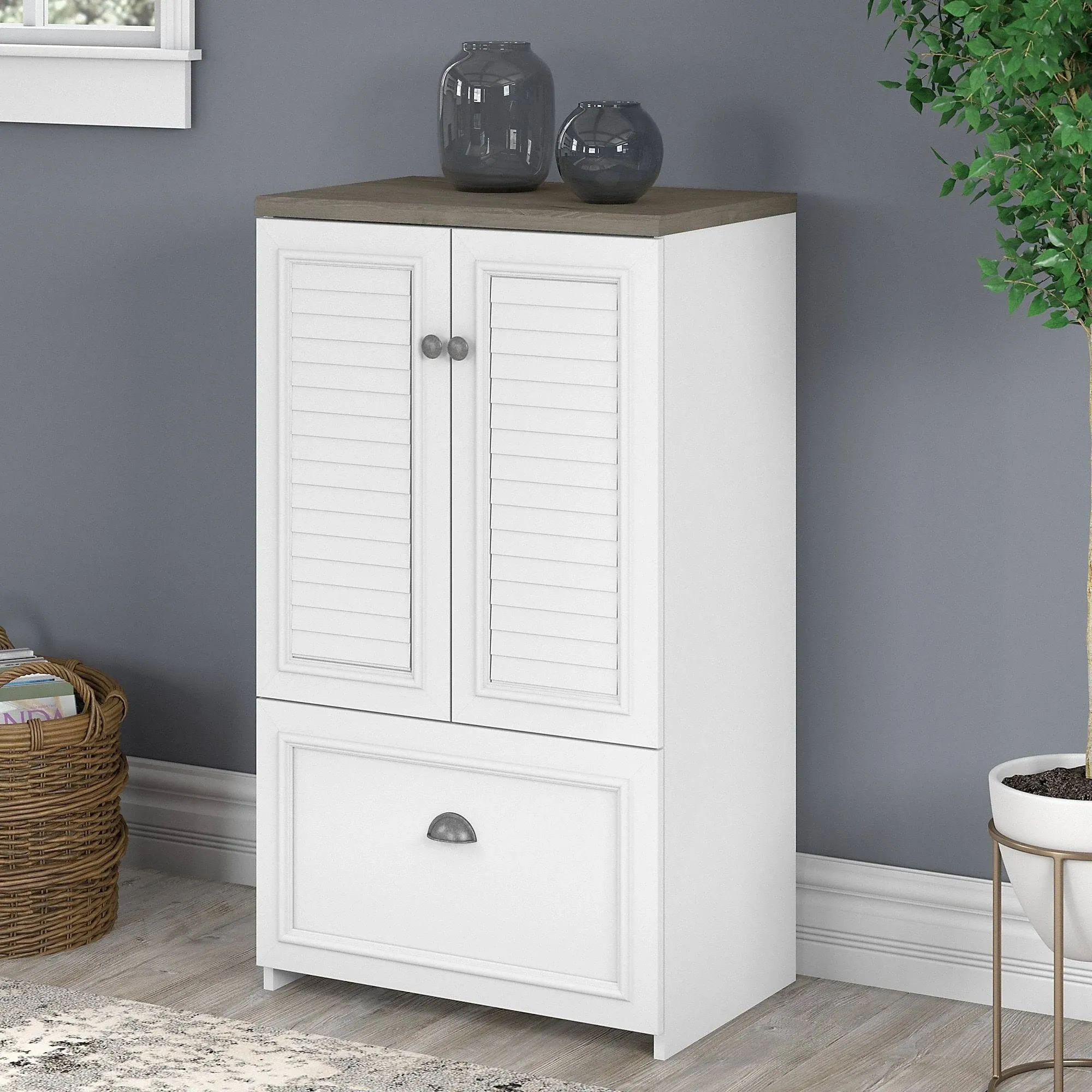 Bush Furniture Fairview 2 Door Storage Cabinet with File Drawer Shiplap Gray/Pure White