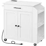 HOOBRO Kitchen Island with Power Outlet, Kitchen Storage Island with Spice Rack and Drawer, Rolling Kitchen Cart on Wheels, for Home, Kitchen and Dining Room, White WT82UZD01G1