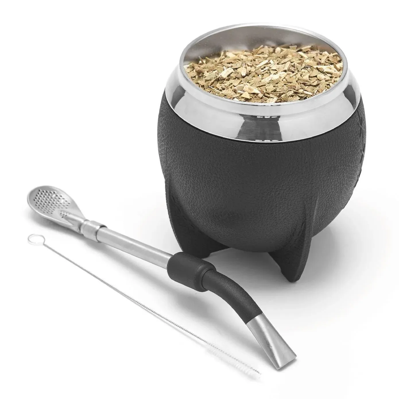 BALIBETOV Juego de taza y bombilla de yerba mate, incluye calabaza de yerba mate de acero inoxidable, bombilla mate premium y cepillo de limpieza (negro)