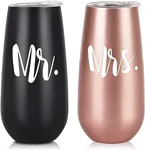 Lifecapido 2 Pack Mr and Mrs Stainless Steel Insulated Champagne Flute Tumbler, Engagement Wedding Gifts for Couples Newlyweds Bride Groom Wife His and Hers Anniversary Bridal Shower(6oz, Black&White)