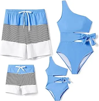 PATPAT Family Matching Swimsuits Mommy and Me One Shoulder Cutout Colorblock Bathing Suits One Piece Swimwear Sets