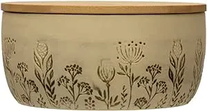 Creative Co-Op Stoneware Canister with Bamboo Lid and Debossed Floral Pattern, Reactive Glaze