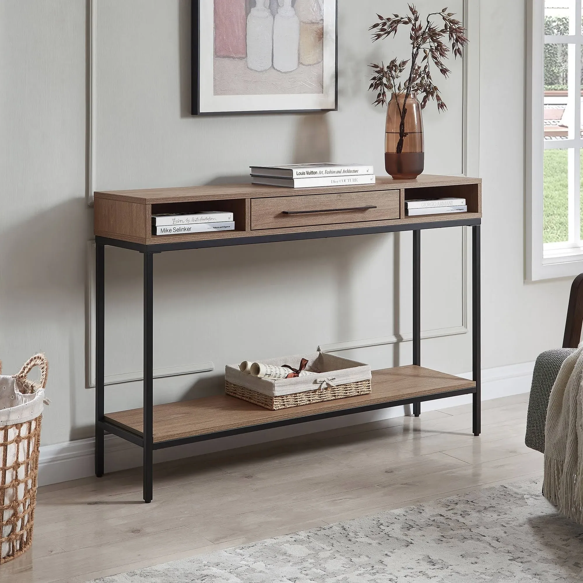 Arroyo 45" Wide Rectangular Console Table in Blackened Bronze/Antiqued Gray Oak