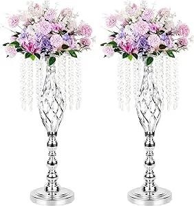 LANLONG 2pcs Silver Metal Flower Vases Crystal Flower Stand Wedding Centerpie...