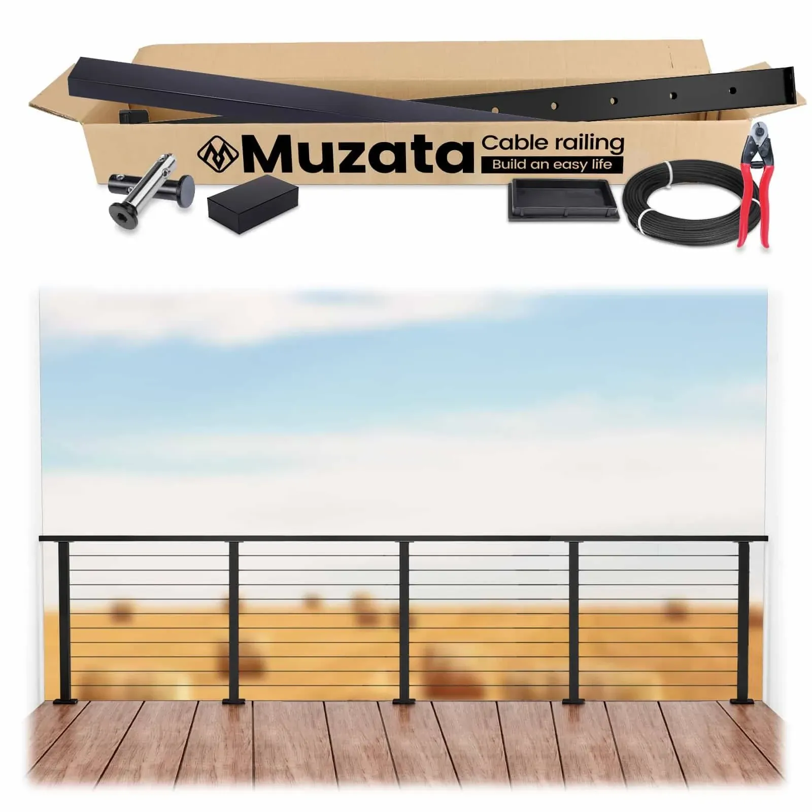 Muzata 36" 13ft Black Surface Mount Cable Railing System