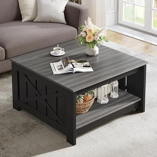 YITAHOME Coffee Table Farmhouse Coffee Table with Storage Rustic Wood Cocktail Table Square Coffee Table for Living Meeting Room