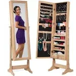 Best Choice Products Jewelry Armoire Cabinet, Full Length Mirror w/ Velvet Storage Interior, Lock - Natural Oak