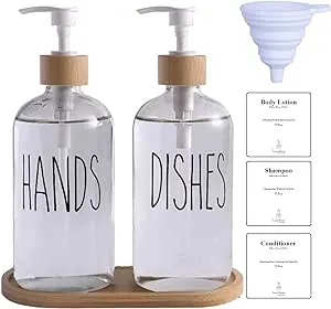 Clear Glass Soap Dispenser Set with Tray, Transparent Dish and Hand Soap Dispenser Set, Refillable Reusable Apothecary Soap Pump Dispenser Bottles for Bathroom and Kitchen