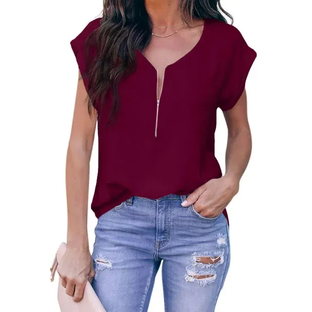 Dokotoo Women's Red Chiffon T-Shirt Casual V Neck Blouse Cuffed Zip Up Shirts Short Sleeve Tops Summer Shirts for Women, US 4-6(S)