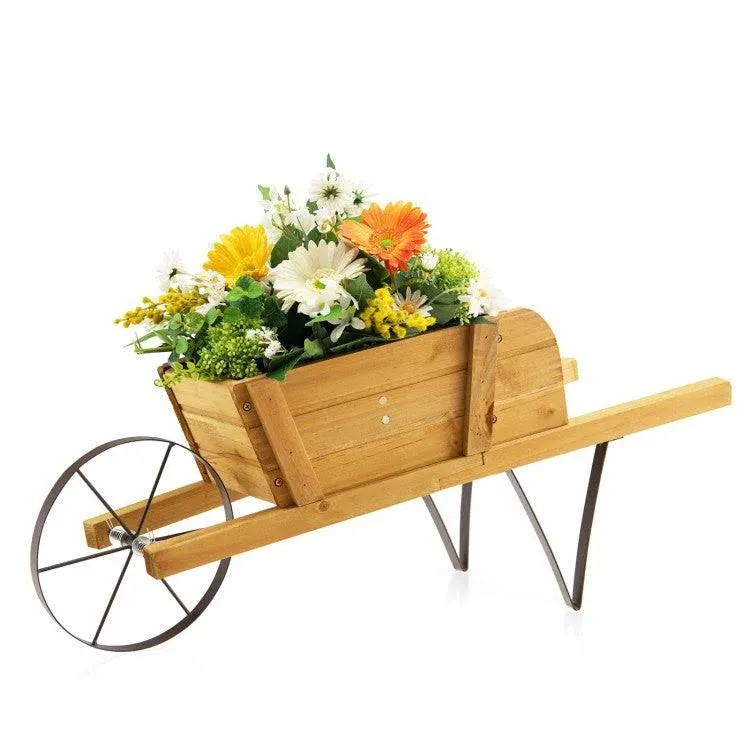 Wooden Wagon Planter with 9 Magnetic Accessories for Garden Yard-Walnut丨Costway