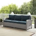 Crosley Furniture Bradenton Wicker Outdoor Sofa, 3-Person Patio Couch for Porch, Deck, Backyard, Gray with Navy Cushions