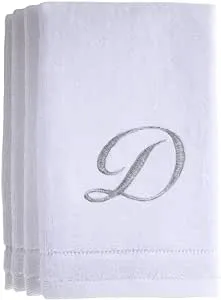 Monogrammed Towels Fingertip, Personalized Gift, 11 x 18 Inches - Set of 4- Silver Embroidered Towel - Extra Absorbent 100% Cotton- Soft Velour Finish - For Bathroom/ Kitchen/ Spa- Initial D (White)