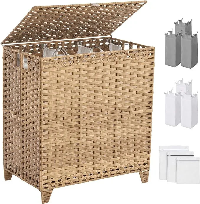 Ouwi Laundry Hamper with Lid, 190L Large Laundry Basket 3 Section with 6 Removable Liner Bags & 3 Mesh Laundry Bags, Handwoven Rattan Clothes Hamper with