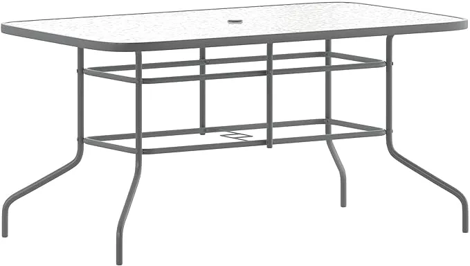 Flash Furniture Tory 31.5" x 55" Rectangular Tempered Glass Metal Table with Umbrella Hole, Silver