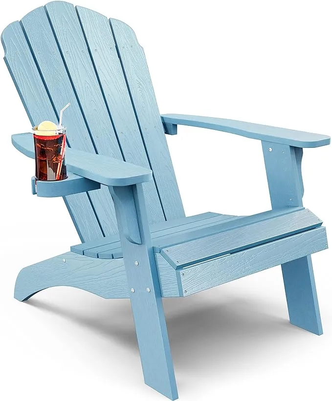 YEFU Oversized Plastic Adirondack Chair with Cup-Holder (Large Dual-Purpose), Weather Resistant, Poly Lumber Outdoor Chairs Duty Rating Widely Used in Patio, Lawn, Outside, Deck, Garden Chairs-Blue