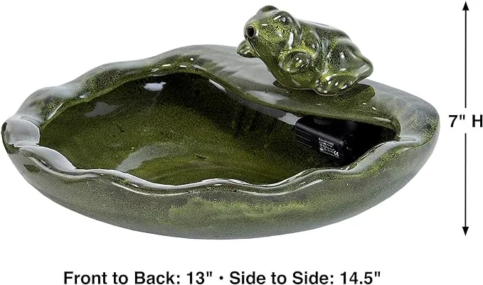 Smart Solar 22300R01 Solar Powered Ceramic Frog Water Feature, Green Glazed Ceramic, Powered By An Included Solar Panel That Operates An Integral Low Voltage Pump With Filter