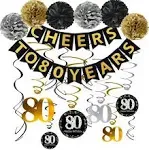 Famoby 80th Birthday Party Decorations Kit - Gold Glittery Cheers to 80 Years Banner,Poms,12Pcs Sparkling 80 Hanging Swirl for 80th Anniversary Decorations 80 Years Old Party Supplies