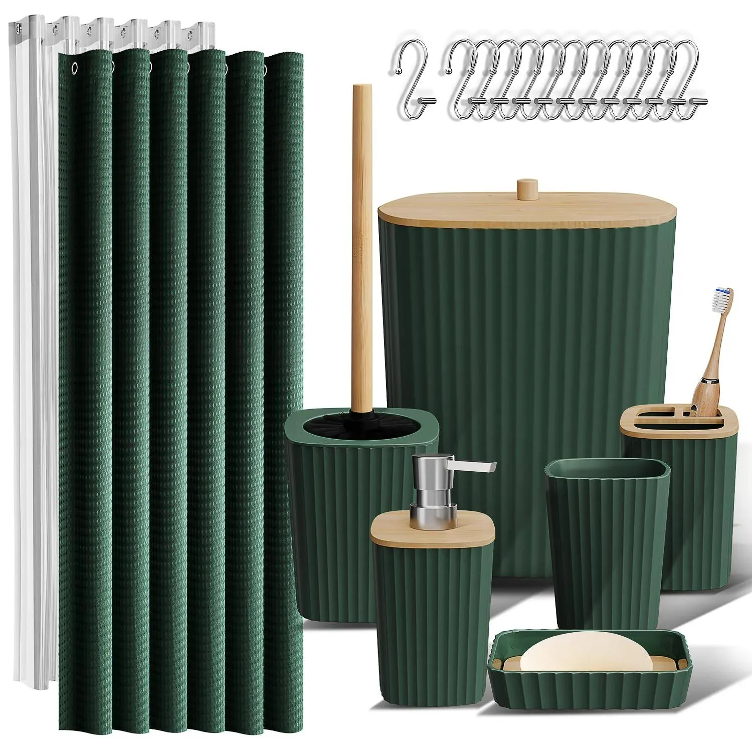 Clara Clark Bamboo Bathroom Accessories Set with Shower Curtain Set, Toilet Brush, Trash Can & Soap Dispenser - Complete Set - Hunter Green